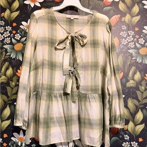 LOFT Sage and Cream Plaid Blouse with Bow
